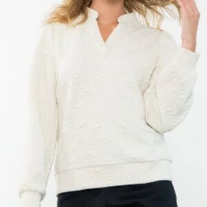 THML Long Sleeve Textured Pullover Top Large Geometric Tonal Cream Ivory Neutral